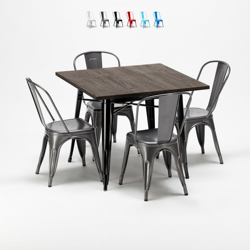 Set tavolo quadrato legno + 4 sedie industriale White Russian