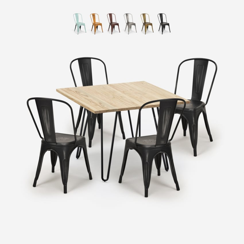 Set tavolo quadrato 80x80cm metallo e legno + 4 sedie Pear Martini