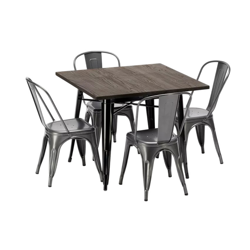 Set tavolo quadrato legno + 4 sedie industriale White Russian