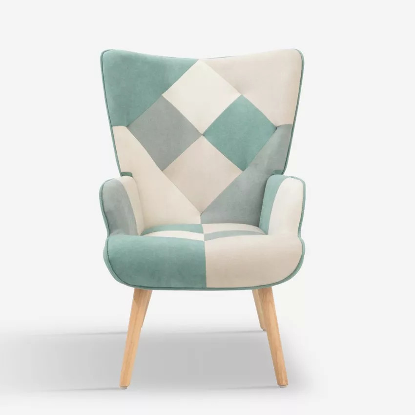 Poltrona patchwork scandinava blu Icarus in legno bianco