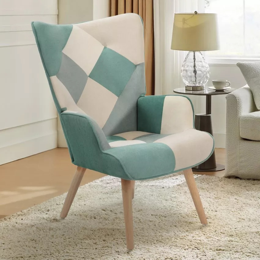 Poltrona patchwork scandinava blu Icarus in legno bianco
