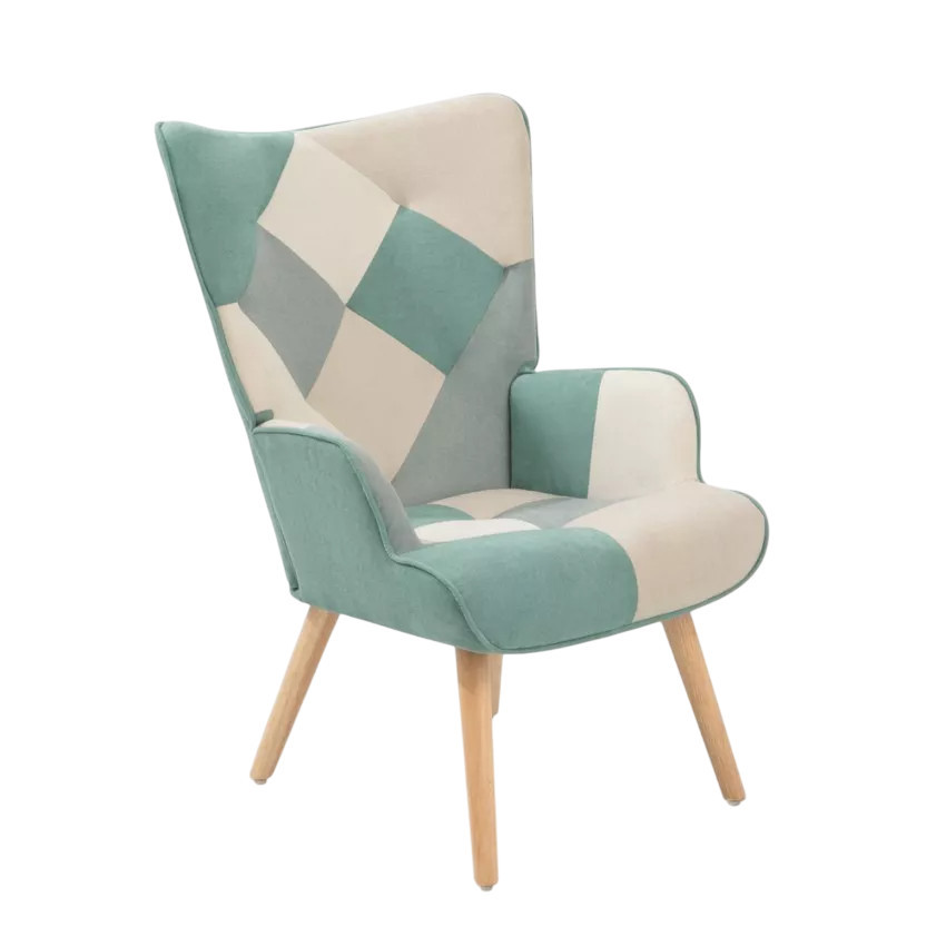 Poltrona patchwork scandinava blu Icarus in legno bianco