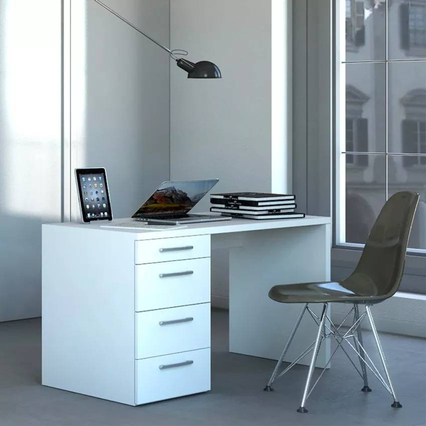 Scrivania 110x60 bianca moderna telelavoro e studio 4 cassetti Helena