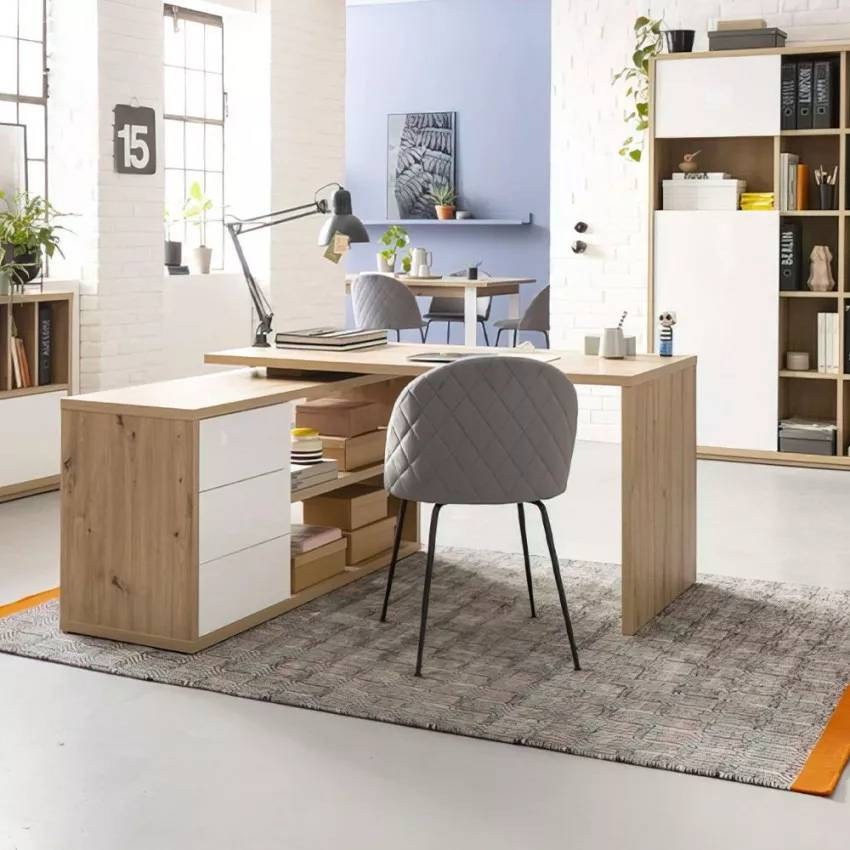 Scrivania angolare legno bianco con 3 cassetti design moderno Ottavio