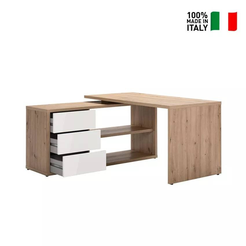 Scrivania angolare legno bianco con 3 cassetti design moderno Ottavio