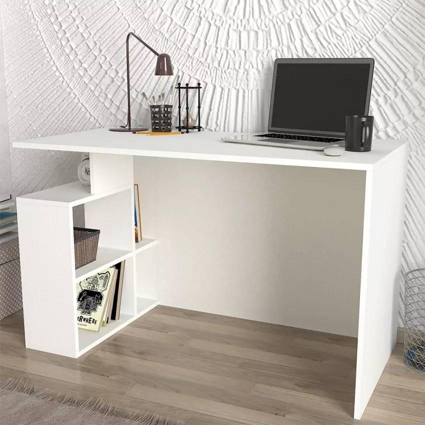 Scrivania moderna bianca con scaffali per lavoro e studio Olga