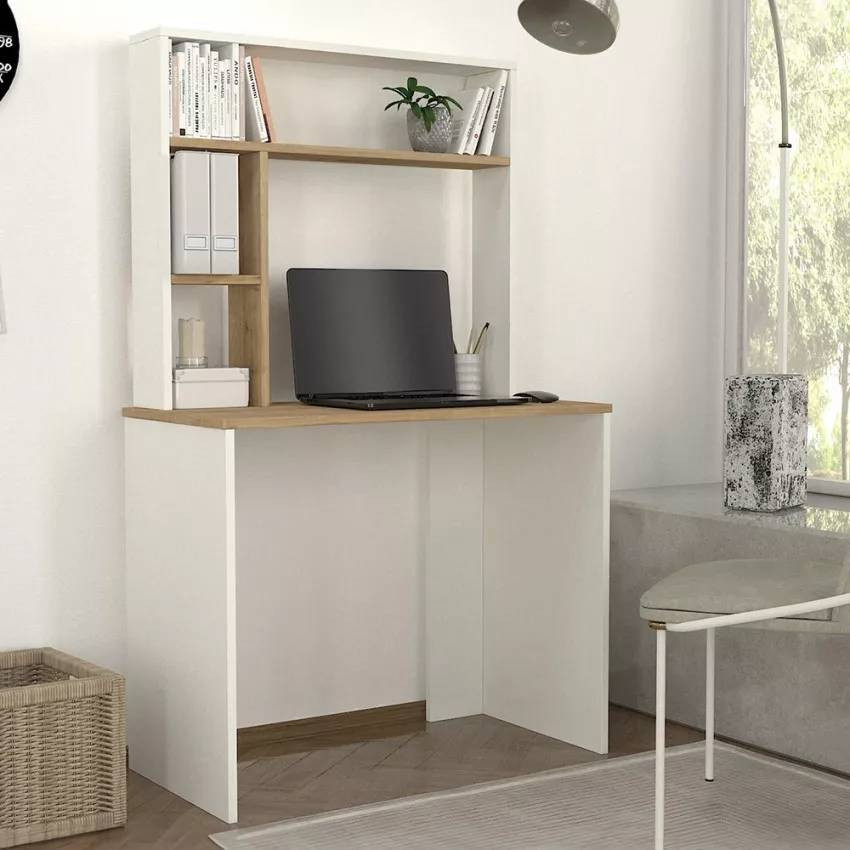 Scrivania da studio in legno bianco con scaffali e contenitore Pietro