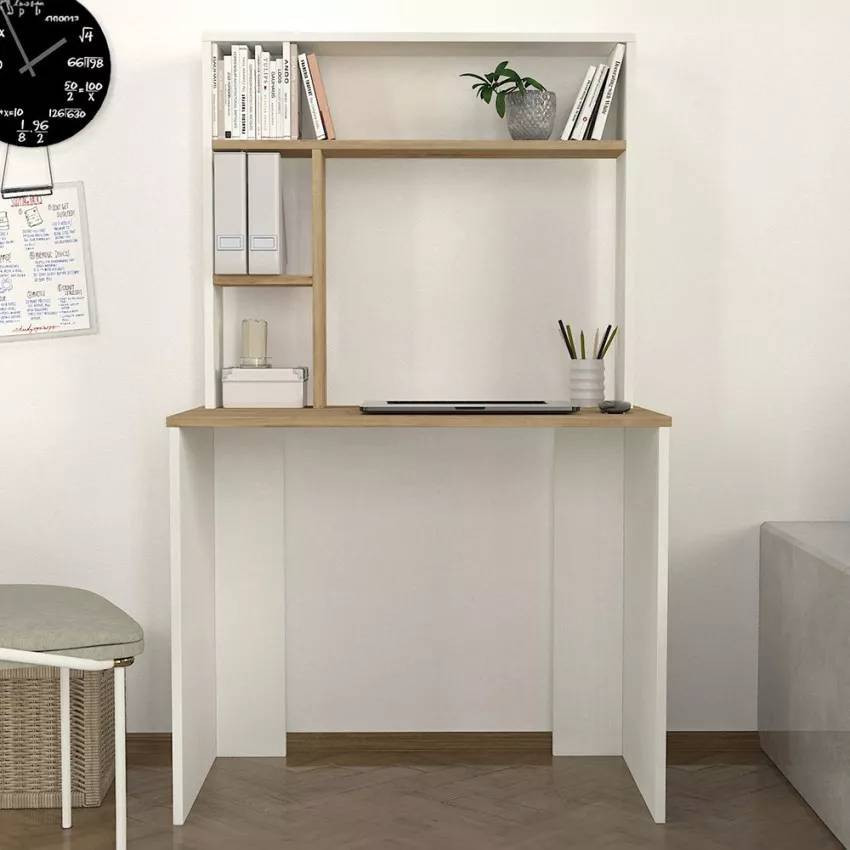 Scrivania da studio in legno bianco con scaffali e contenitore Pietro
