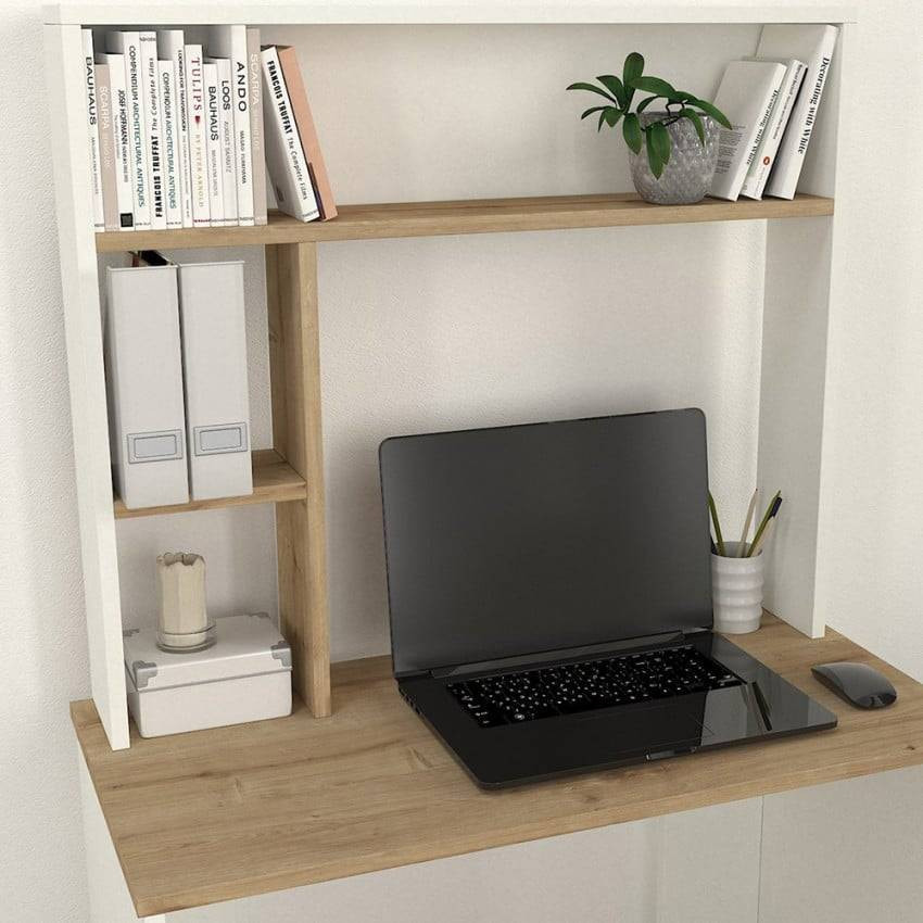 Scrivania da studio in legno bianco con scaffali e contenitore Pietro