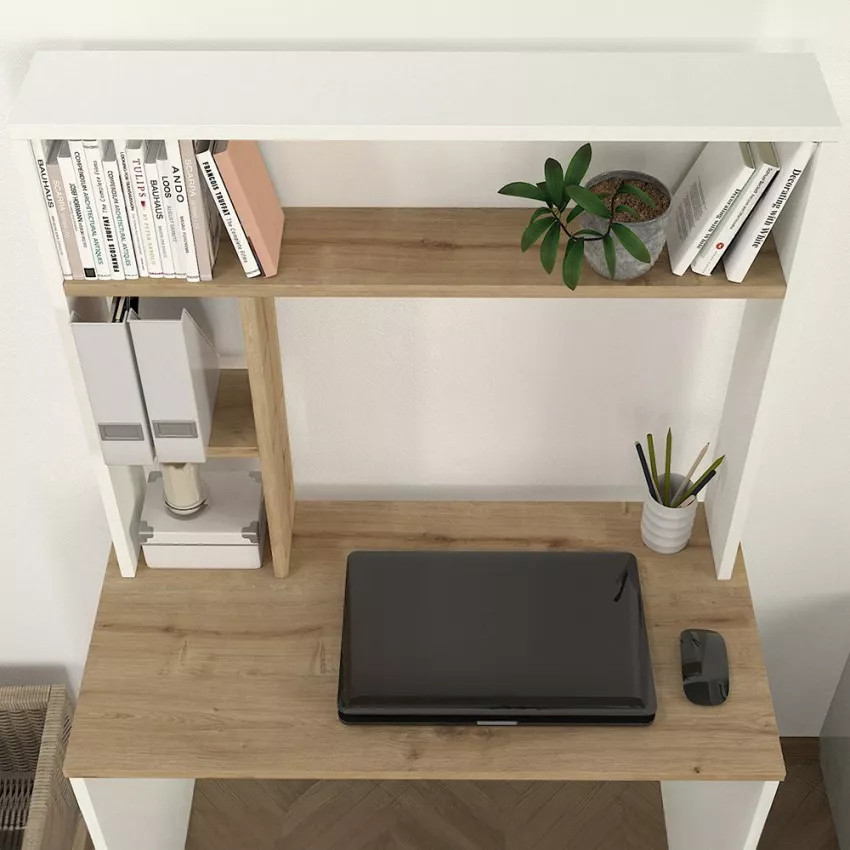 Scrivania da studio in legno bianco con scaffali e contenitore Pietro