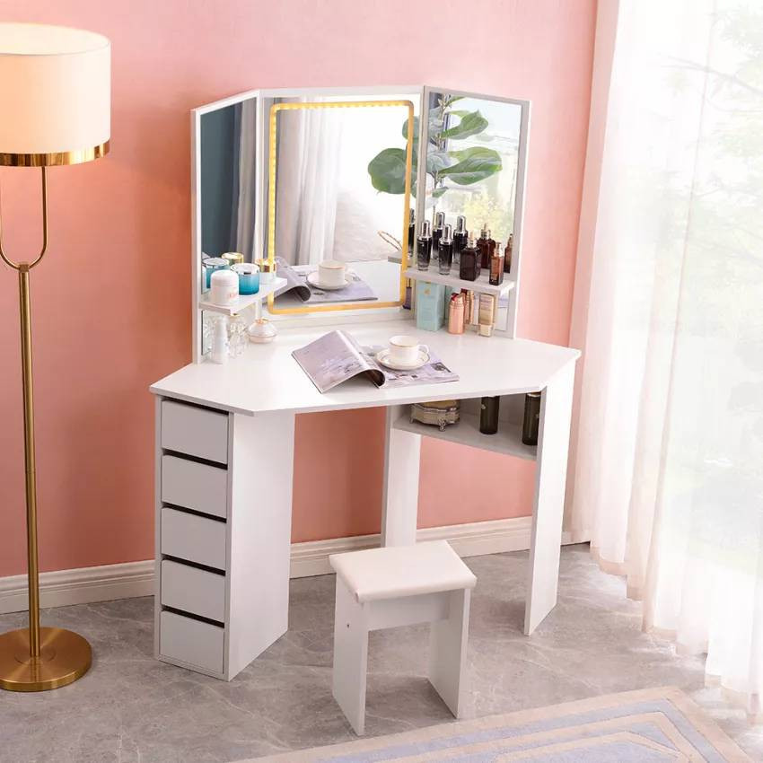 Postazione trucco angolare con 3 specchi LED design moderno Johansson