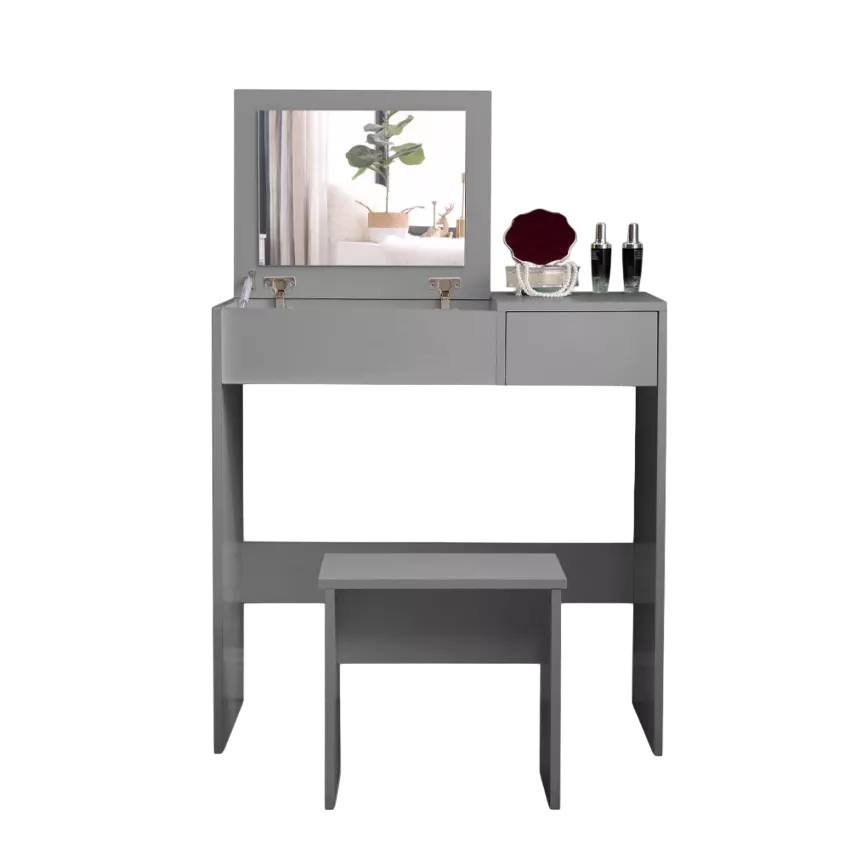 Postazione trucco grigio con specchio e sgabello Theron