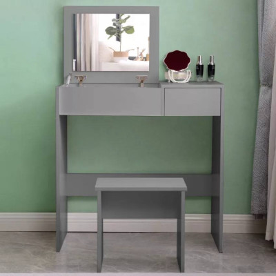 Postazione trucco grigio con specchio e sgabello Theron