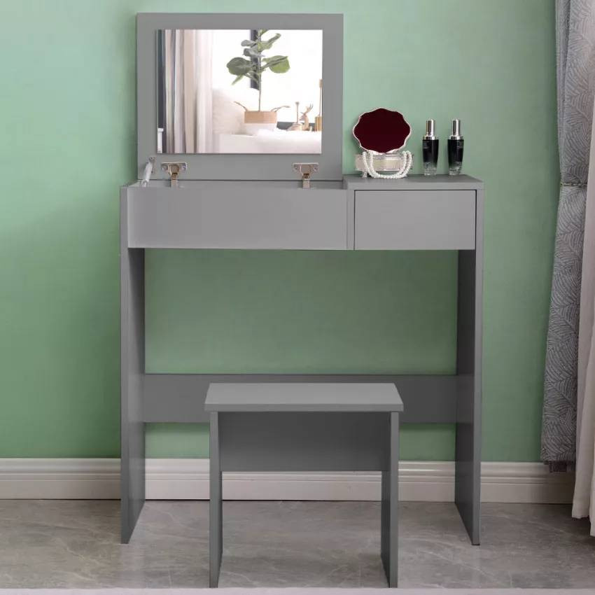 Postazione trucco grigio con specchio e sgabello Theron