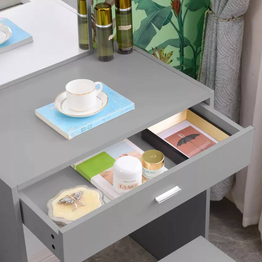 Postazione trucco grigio con cassetti e specchio Stone