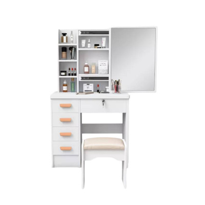 Postazione trucco con specchio scorrevole e sgabello bianco Cruz