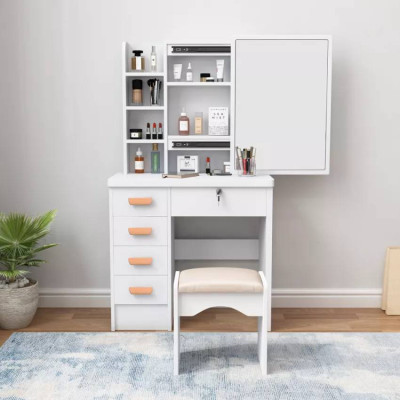 Postazione trucco con specchio scorrevole e sgabello bianco Cruz