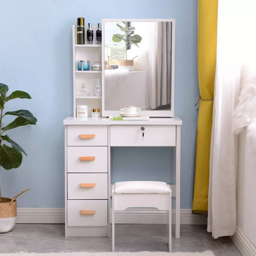 Postazione trucco con specchio scorrevole e sgabello bianco Cruz