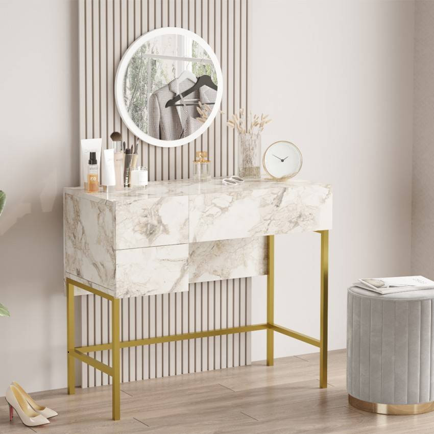 Postazione trucco specchio 3 cassetti marmo bianco Stewart