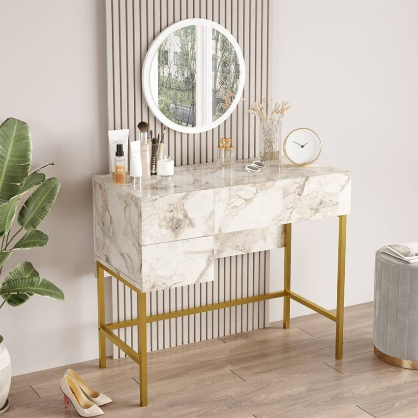 Postazione trucco specchio 3 cassetti marmo bianco Stewart