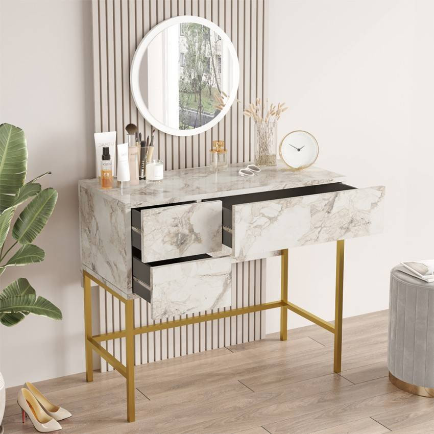 Postazione trucco specchio 3 cassetti marmo bianco Stewart