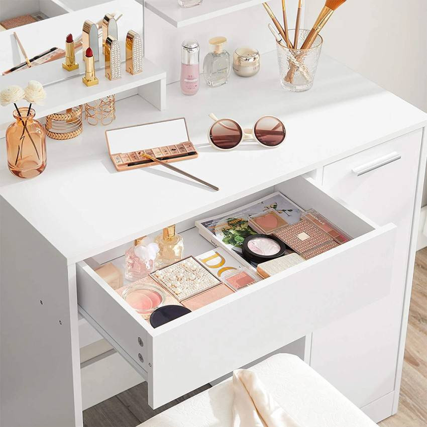 Postazione trucco con specchio sgabello e armadietto Vikander