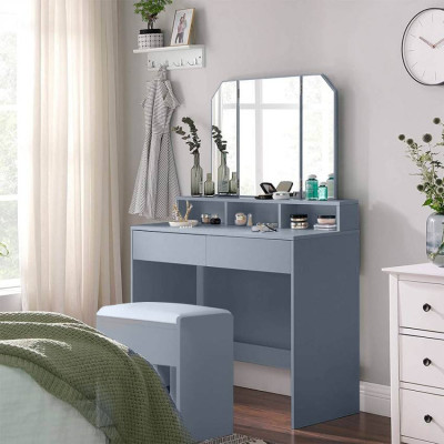 Postazione trucco con specchio 2 cassetti e sgabello grigio Liu