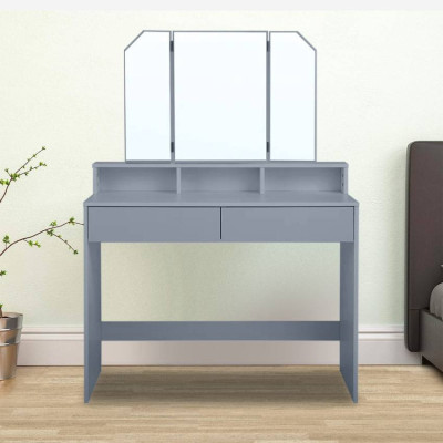 Postazione trucco con specchio 2 cassetti e sgabello grigio Liu