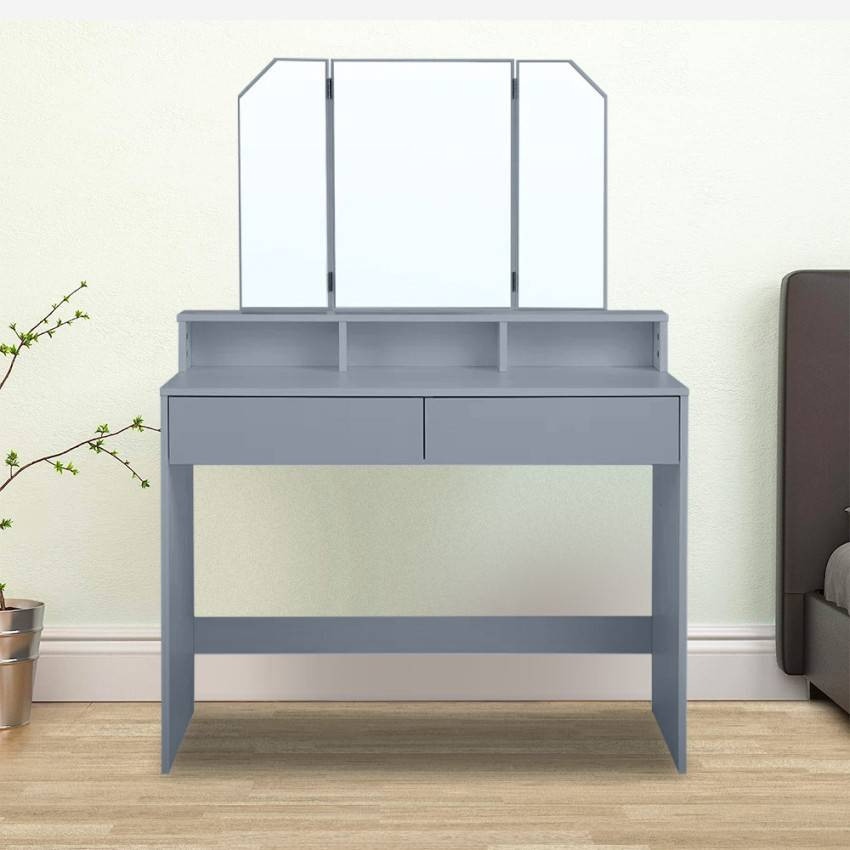 Postazione trucco con specchio 2 cassetti e sgabello grigio Liu