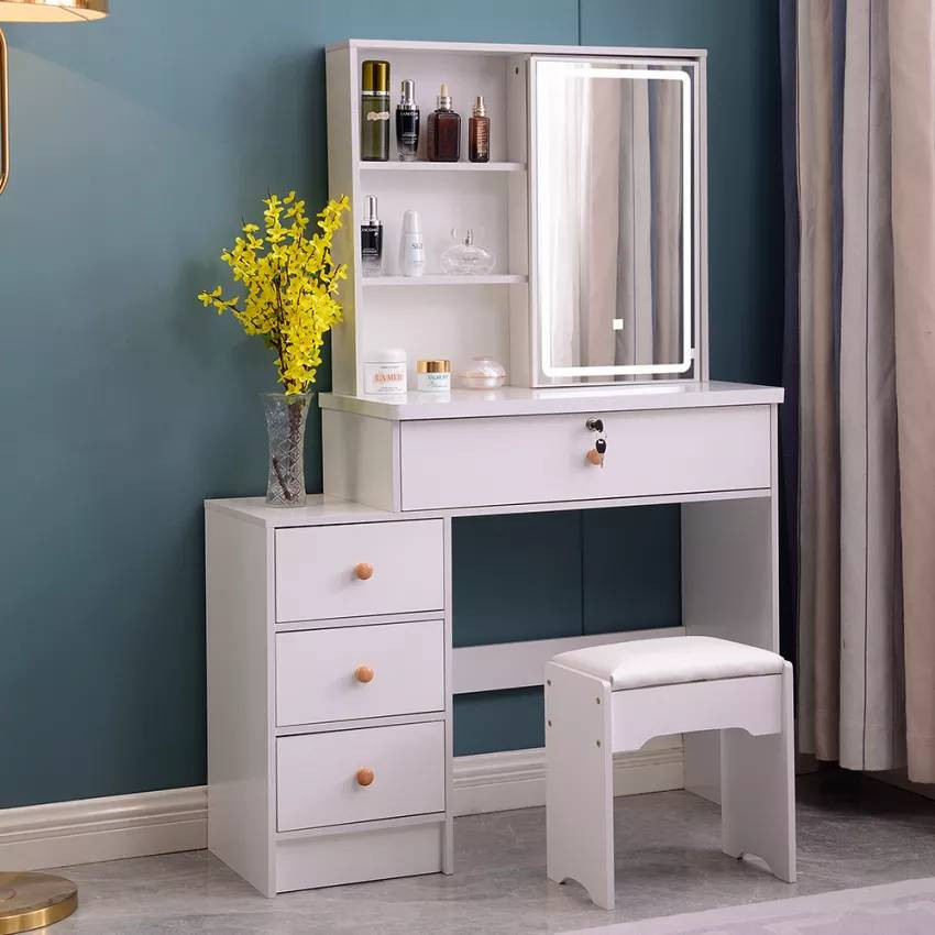 Postazione trucco mobile con specchio LED e sgabello Swinton
