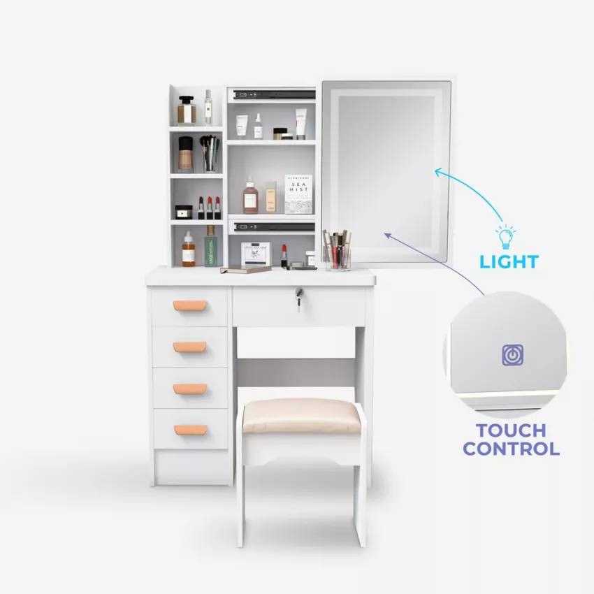 Postazione trucco con specchio LED scorrevole e sgabello Blanchett