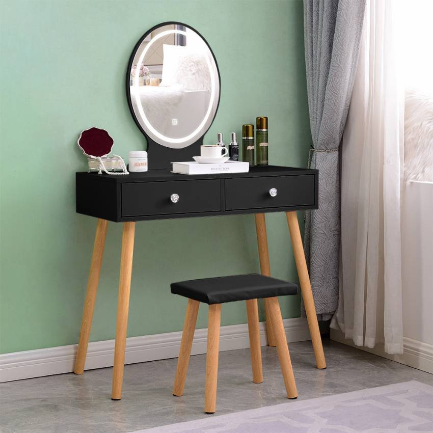 Postazione trucco nero con cassetti e specchio LED Williams