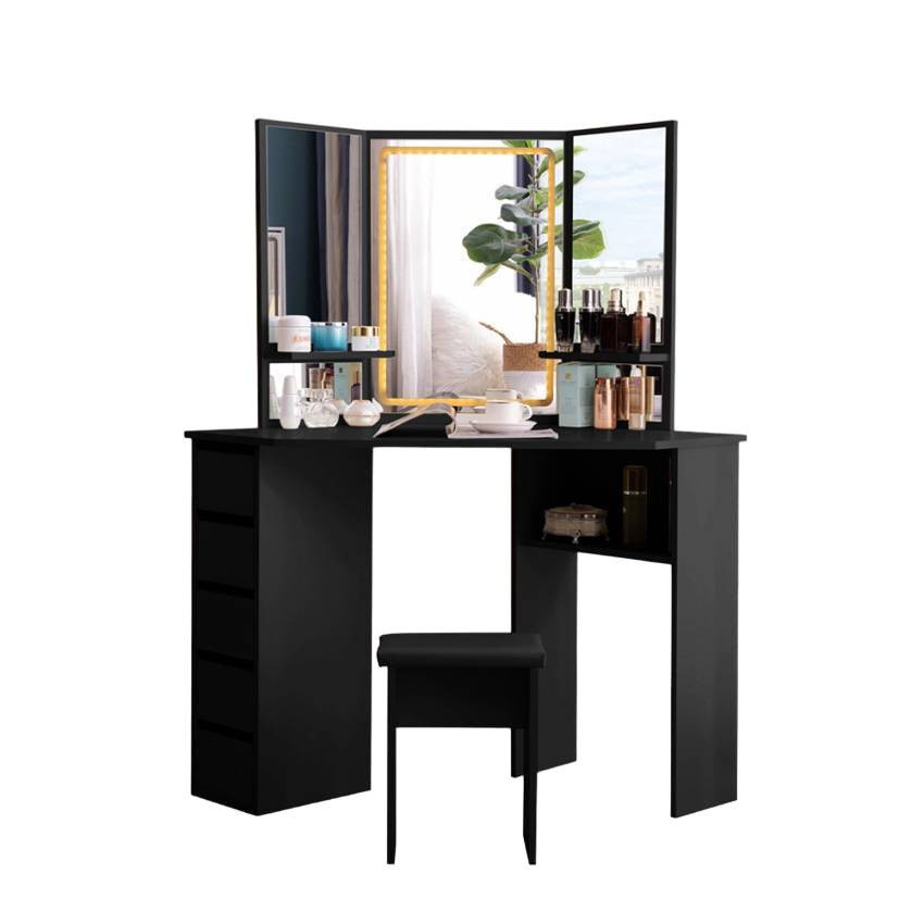Postazione trucco nero ad angolo con 3 specchi LED Hale