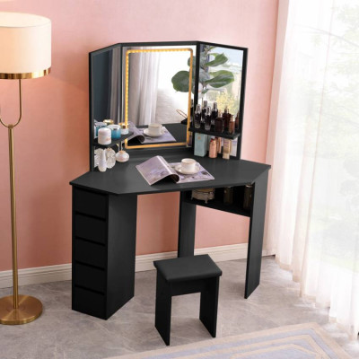 Postazione trucco nero ad angolo con 3 specchi LED Hale