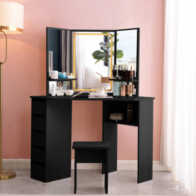 Postazione trucco nero ad angolo con 3 specchi LED Hale