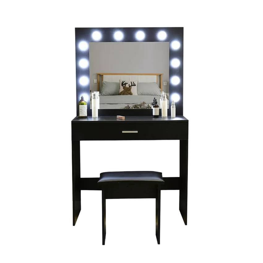 Postazione trucco nero con sgabello e specchio LED Robbie
