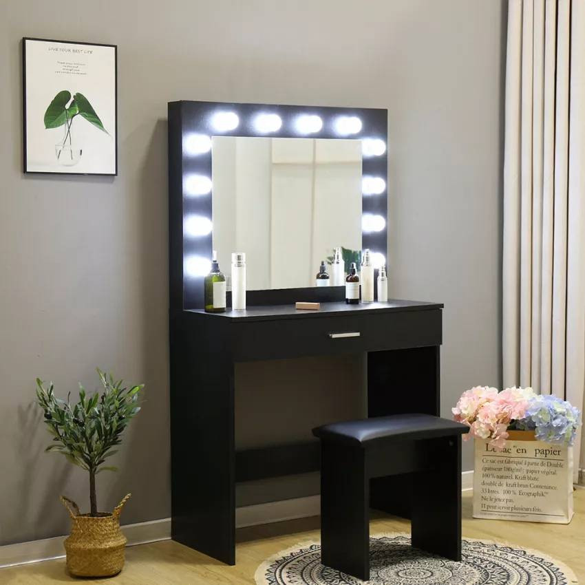 Postazione trucco nero con sgabello e specchio LED Robbie