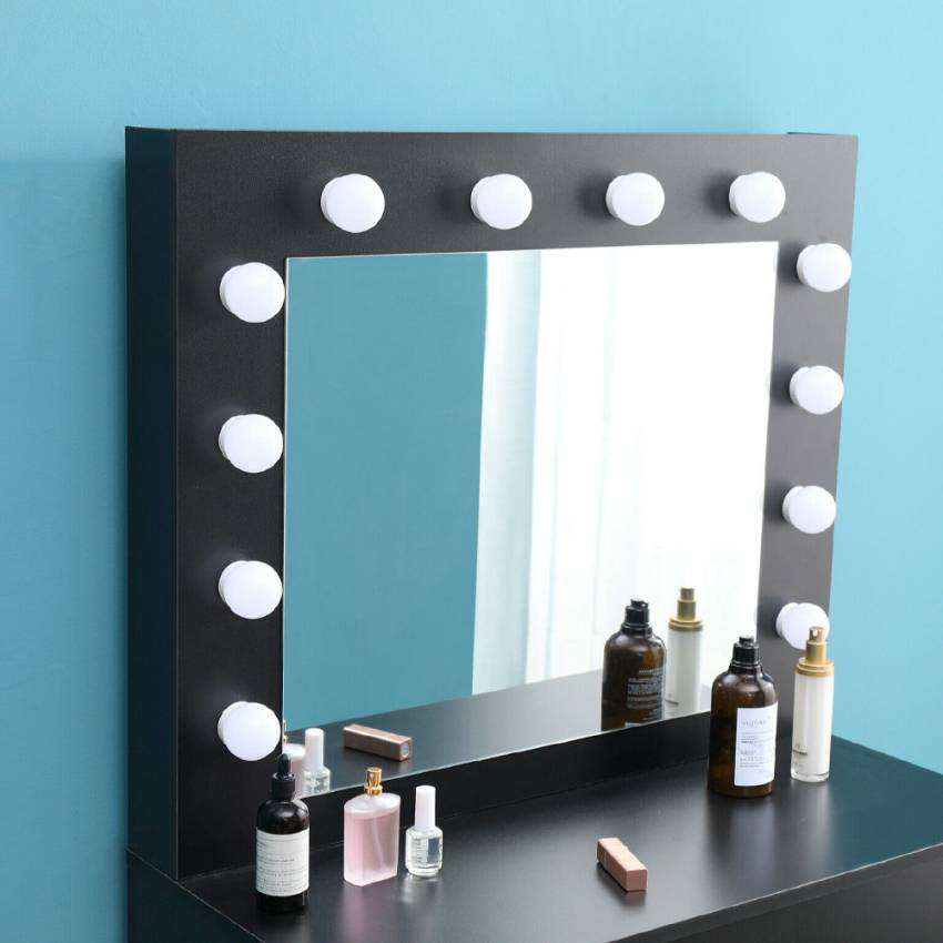 Postazione trucco nero con sgabello e specchio LED Robbie