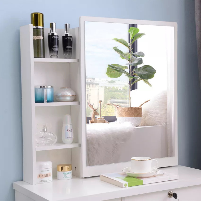 Postazione trucco con specchio scorrevole e sgabello bianco Cruz