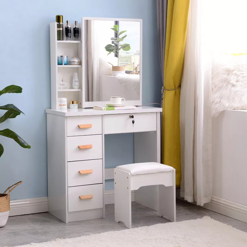 Postazione trucco con specchio scorrevole e sgabello bianco Cruz