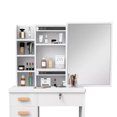 Postazione trucco con specchio scorrevole e sgabello bianco Cruz