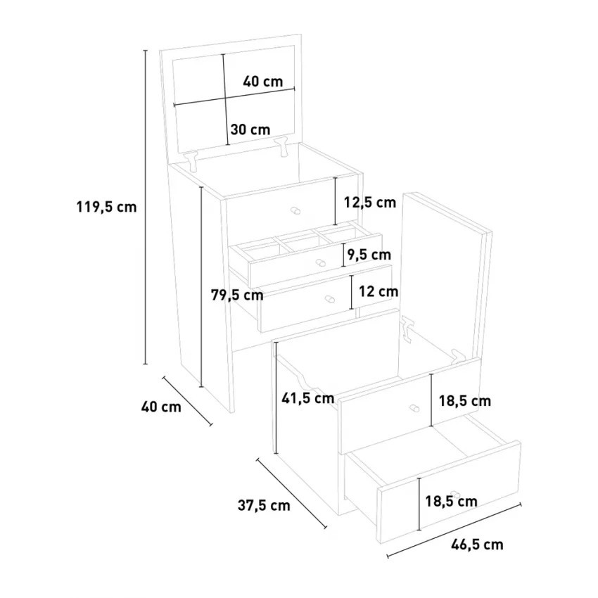 Postazione trucco con specchio e cassettiera compatta Lively