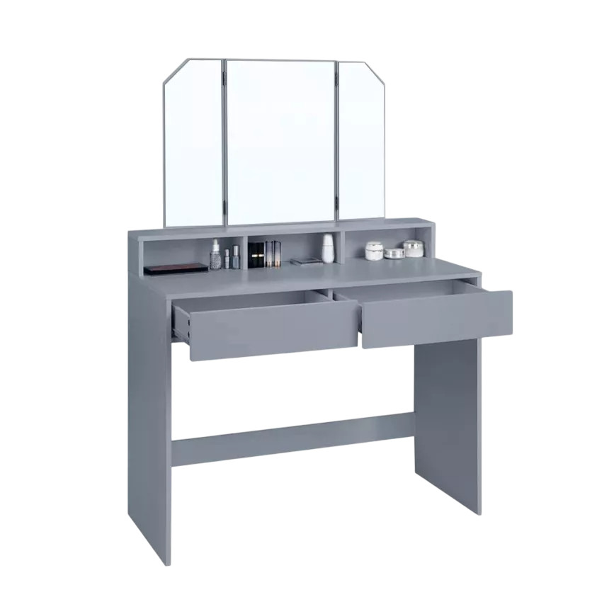 Postazione trucco con specchio 2 cassetti e sgabello grigio Liu