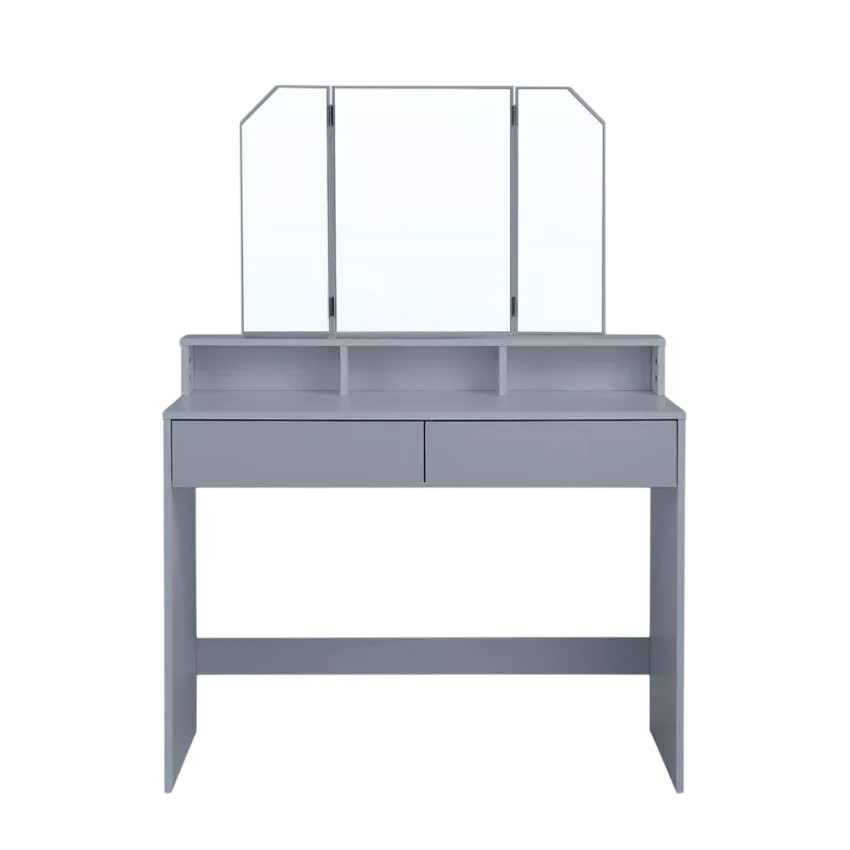 Postazione trucco con specchio 2 cassetti e sgabello grigio Liu