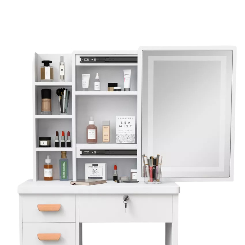 Postazione trucco con specchio LED scorrevole e sgabello Blanchett