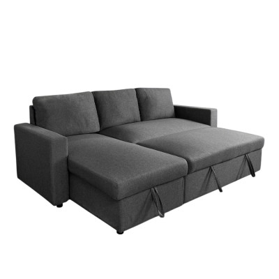 Divano angolare 3 posti tessuto chaise longue e contenitore Castagno