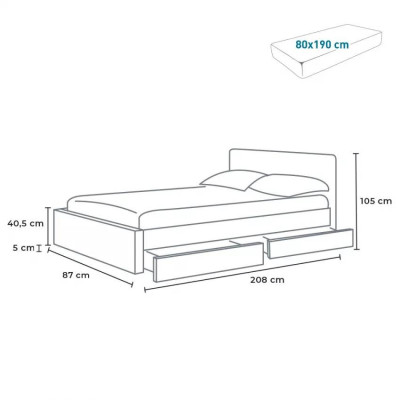 Letto singolo LED 80x190 con cassetti portaoggetti IntensitàBlu