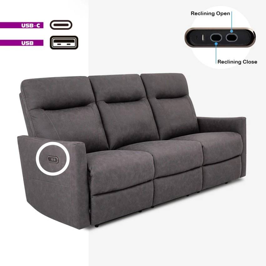 Divano reclinabile elettrico 3 posti in similpelle con due USB Robinia